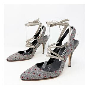 Manolo Blahnik Tweed Polka Dot Lace Up Heels Womens Size EU 38.5